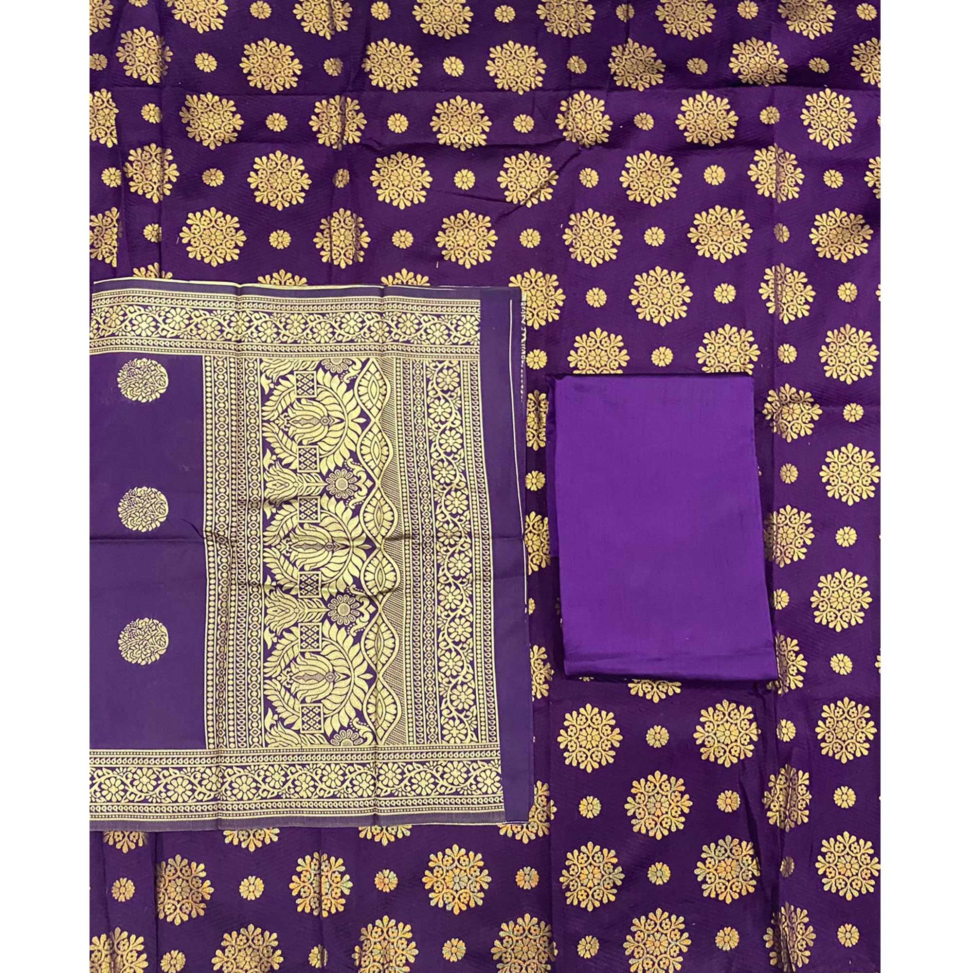 Purple Woven Banarasi Silk Dress Material - Peachmode