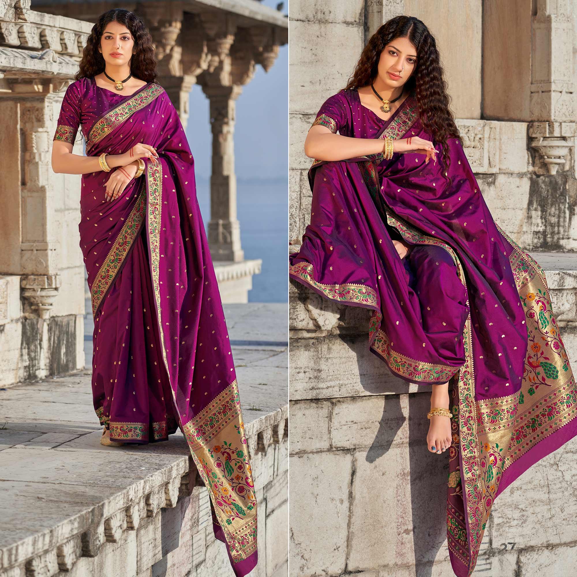 Purple Woven Banarasi Silk Paithani Saree - Peachmode