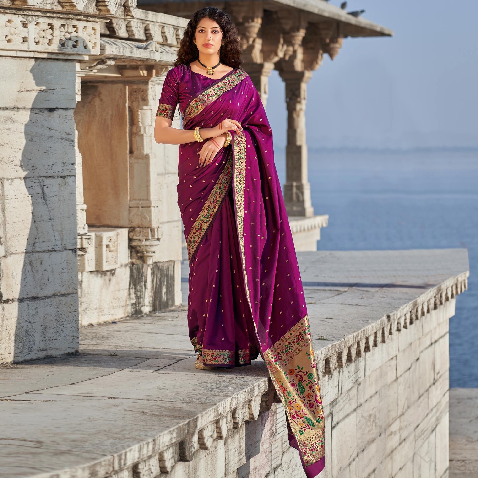 Purple Woven Banarasi Silk Paithani Saree - Peachmode