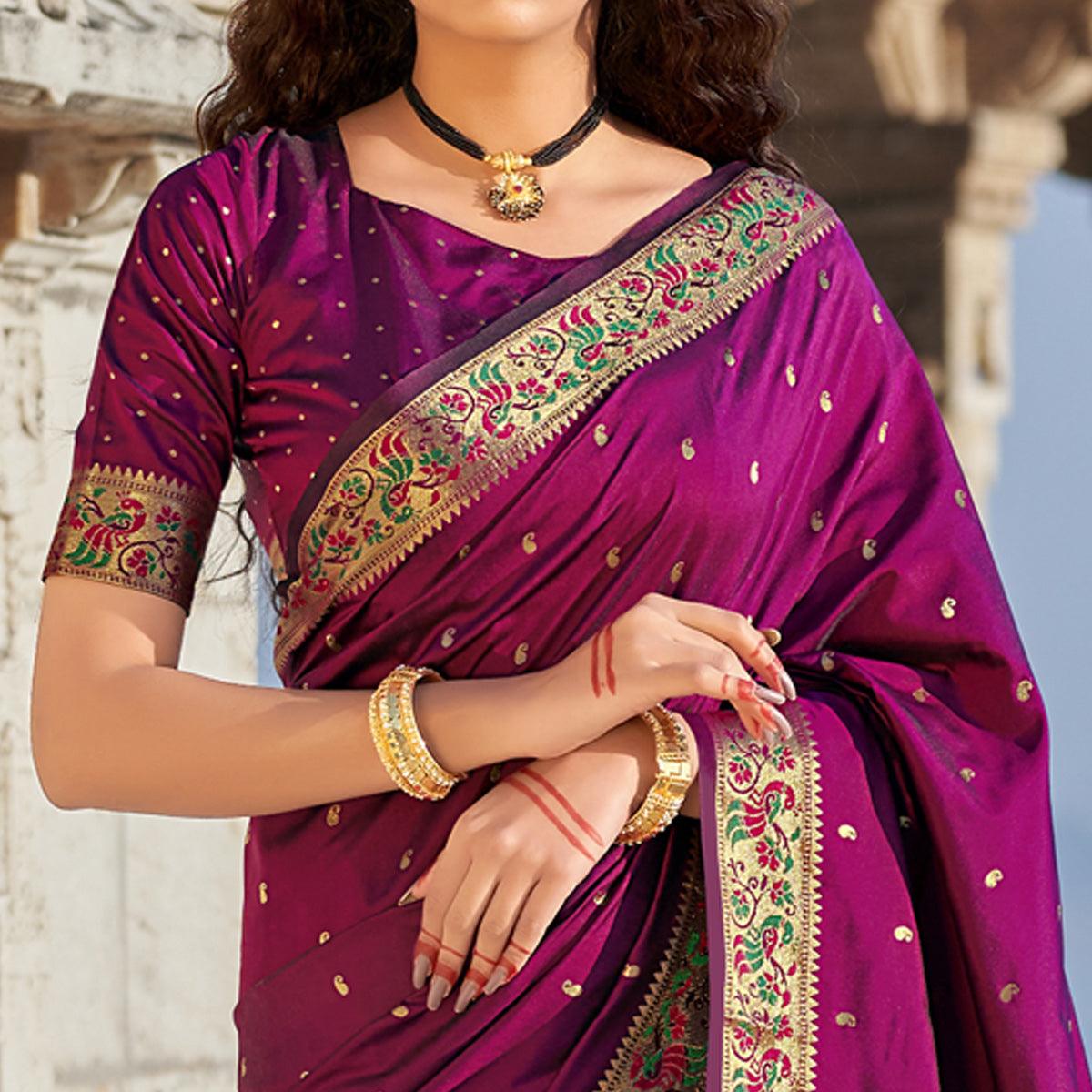 Purple Woven Banarasi Silk Paithani Saree - Peachmode