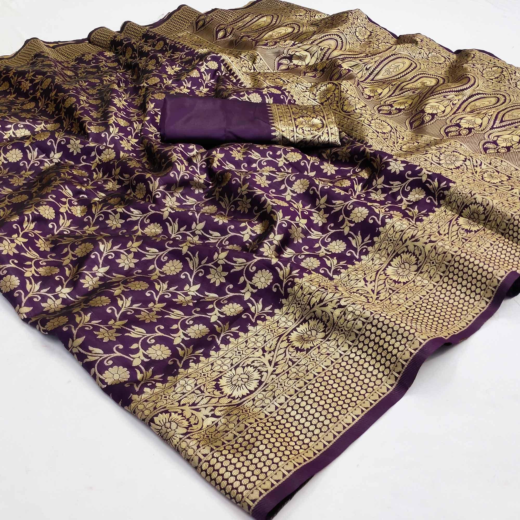 Purple Woven Banarasi Silk Saree - Peachmode
