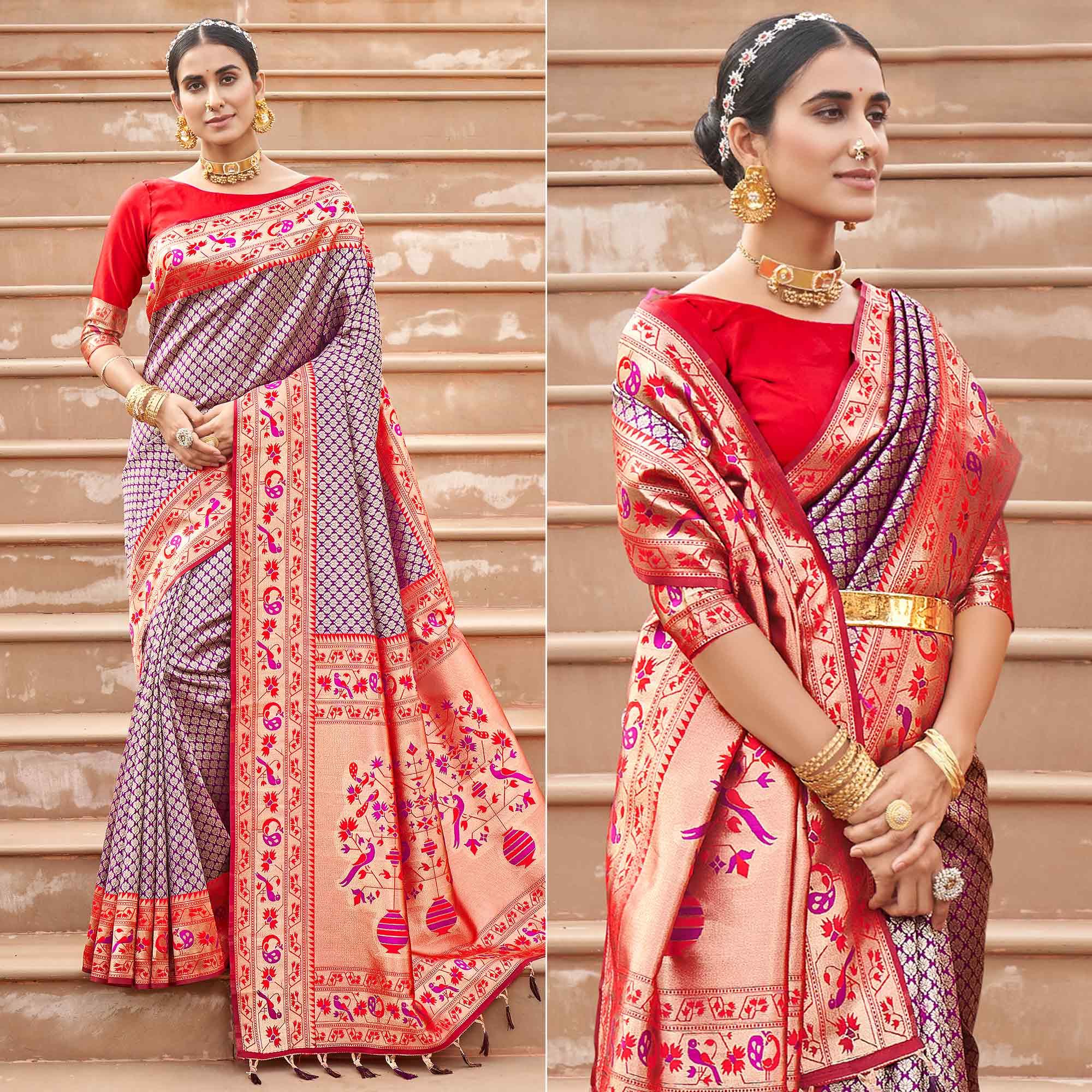 Purple Woven Banarasi Silk Saree - Peachmode