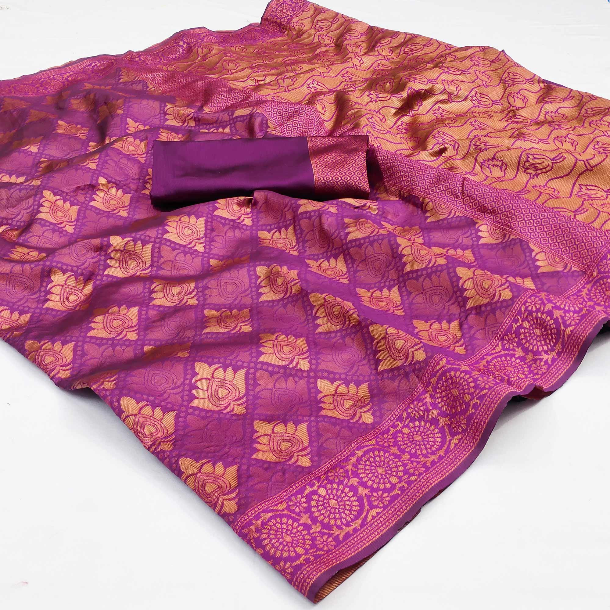 Purple Woven Banarasi Silk Saree - Peachmode