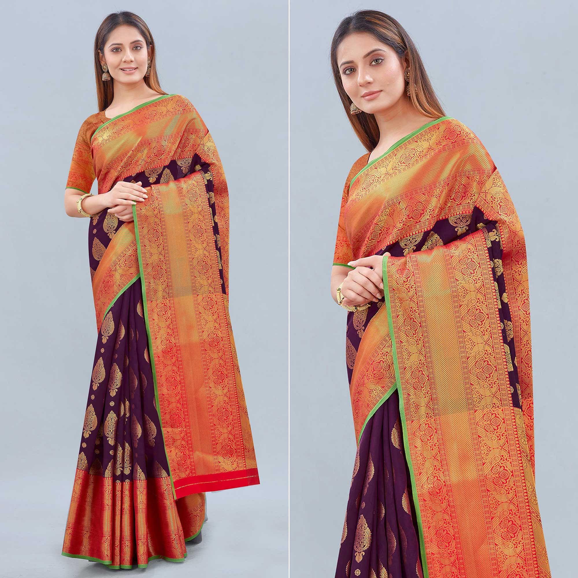 Purple Woven Banarasi Silk Saree - Peachmode
