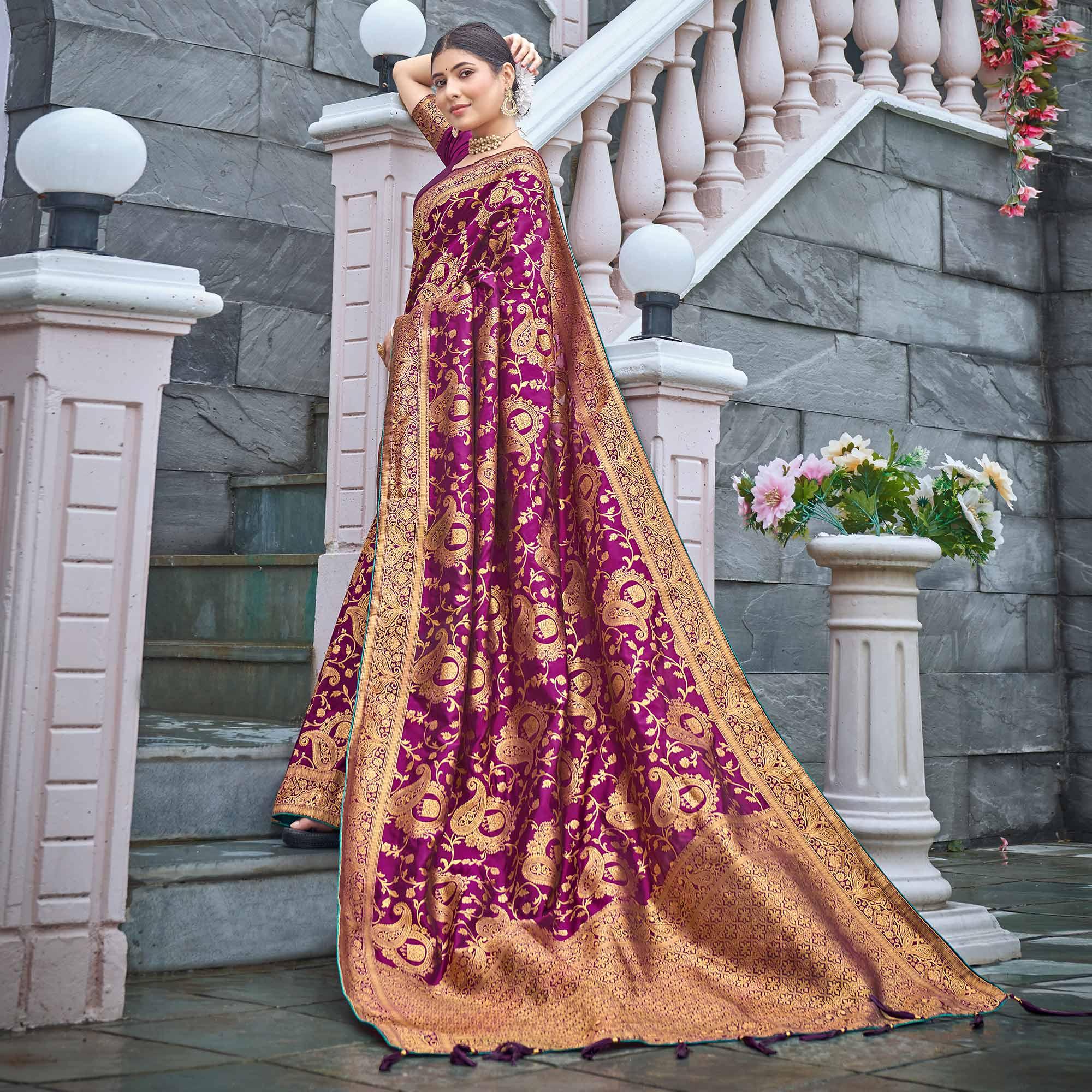 Purple Woven Banarasi Silk Saree - Peachmode