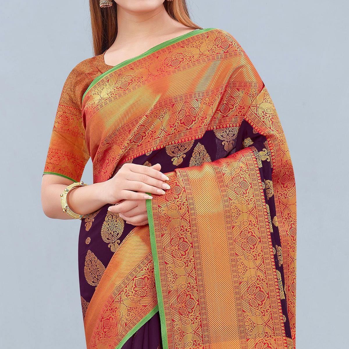 Purple Woven Banarasi Silk Saree - Peachmode