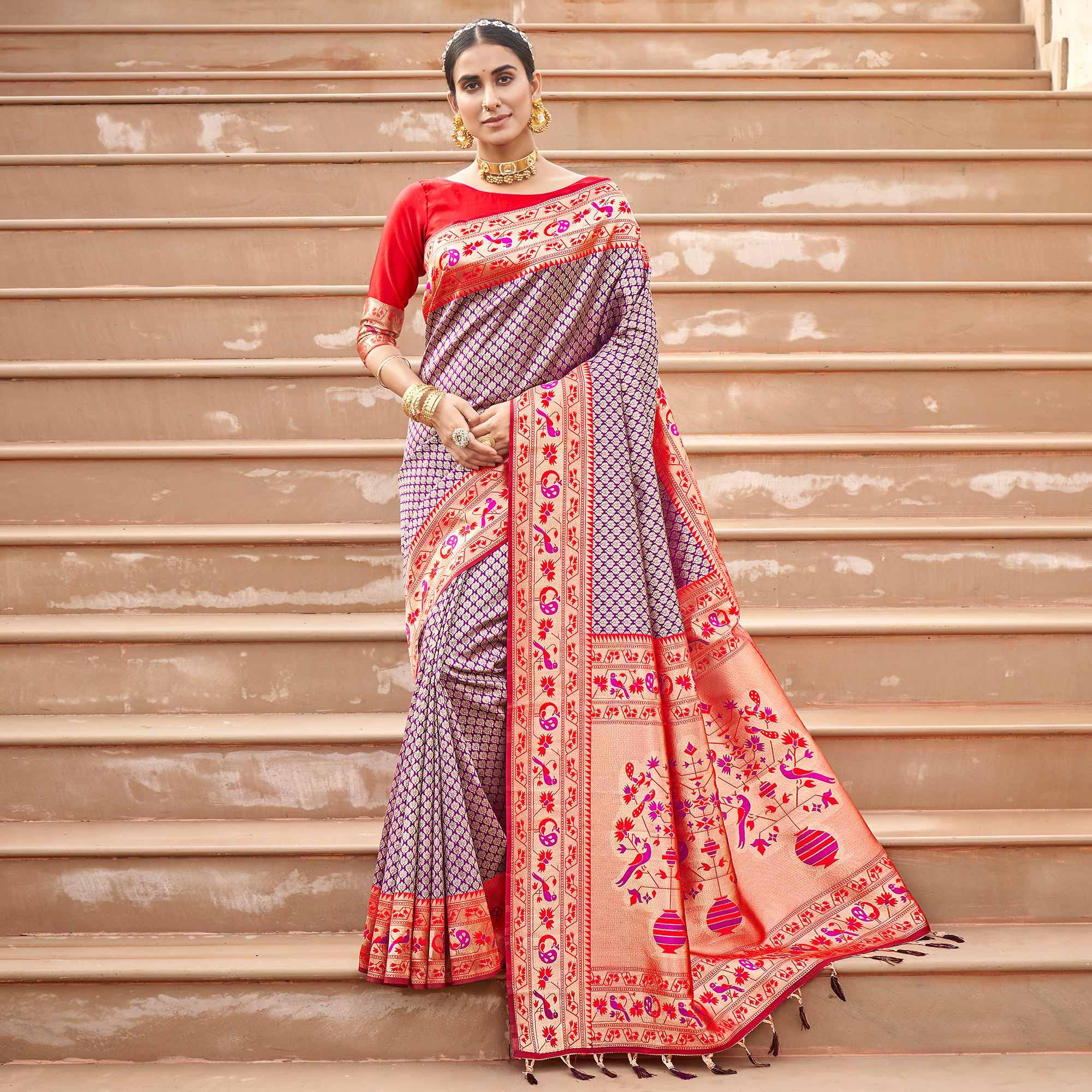 Purple Woven Banarasi Silk Saree - Peachmode