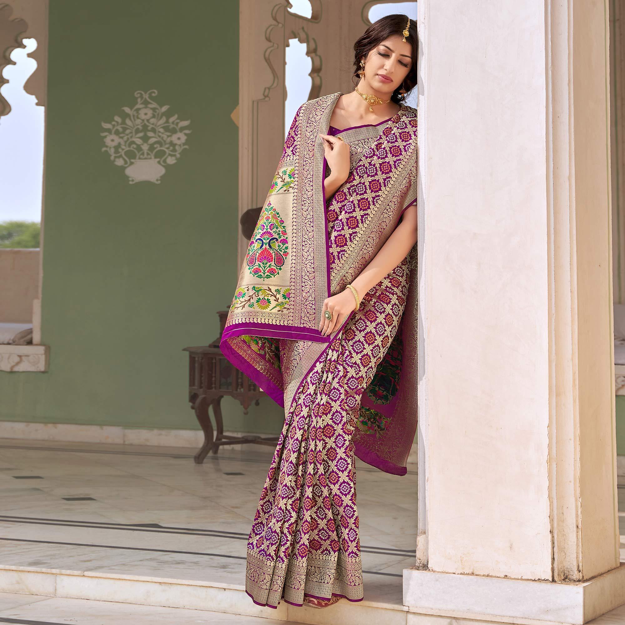 Purple Woven Banarasi Silk Saree - Peachmode