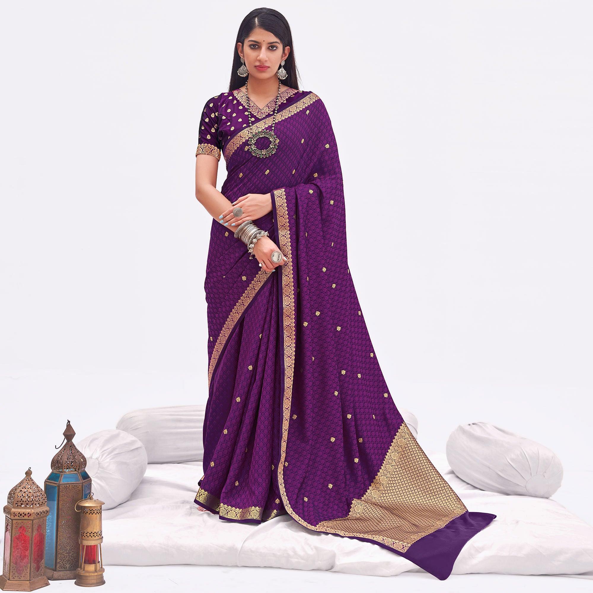 Purple Woven Banarasi Silk Saree - Peachmode