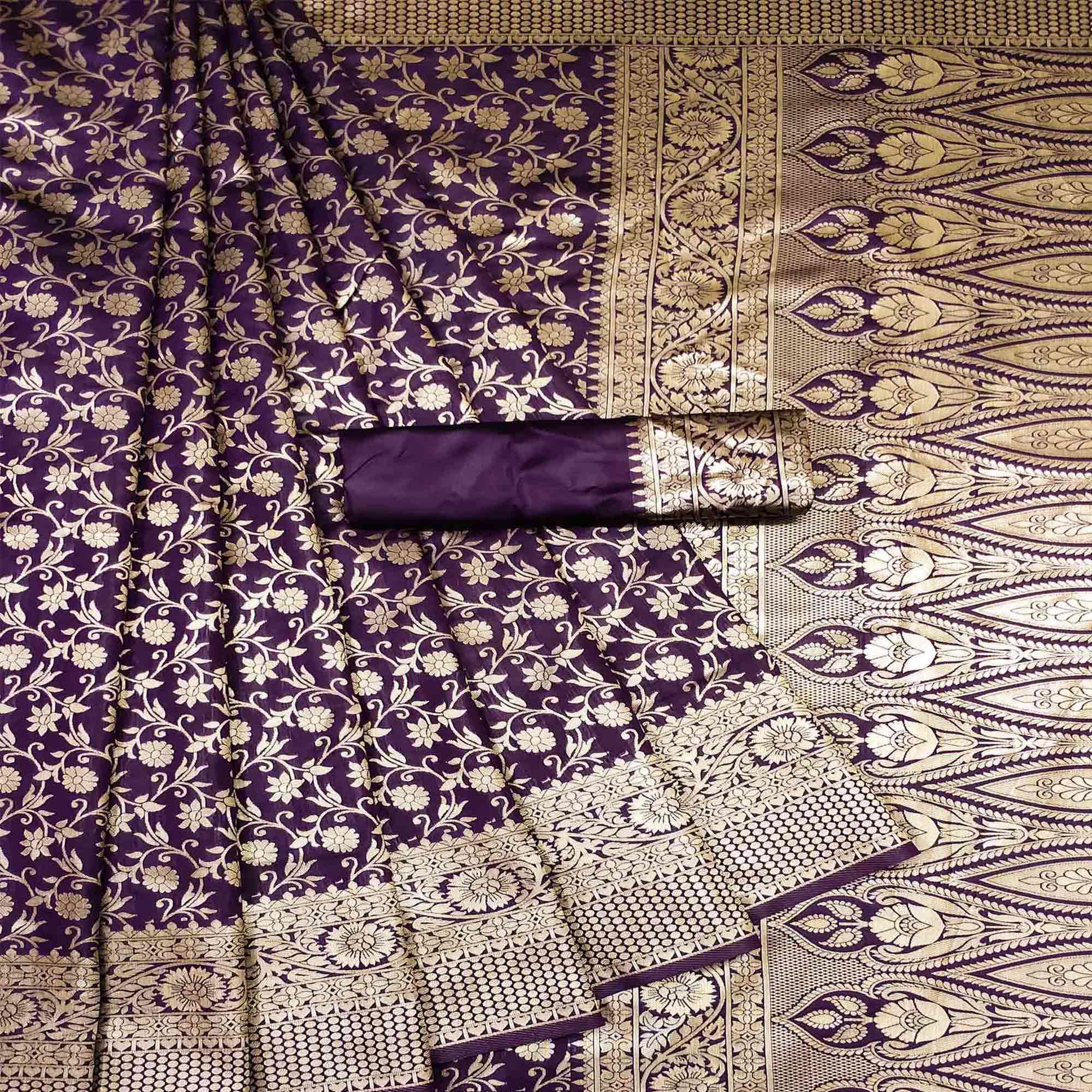 Purple Woven Banarasi Silk Saree - Peachmode