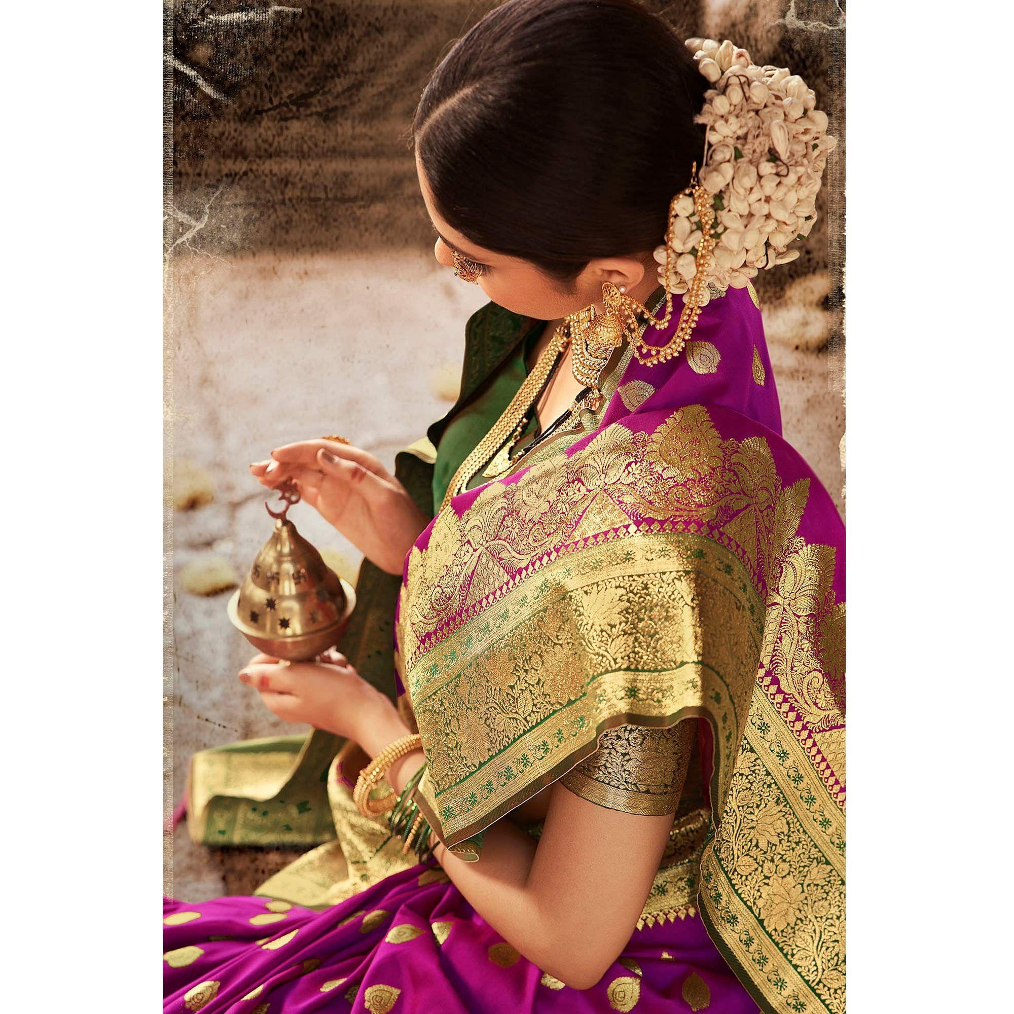 Purple Woven Banarasi Silk Saree - Peachmode