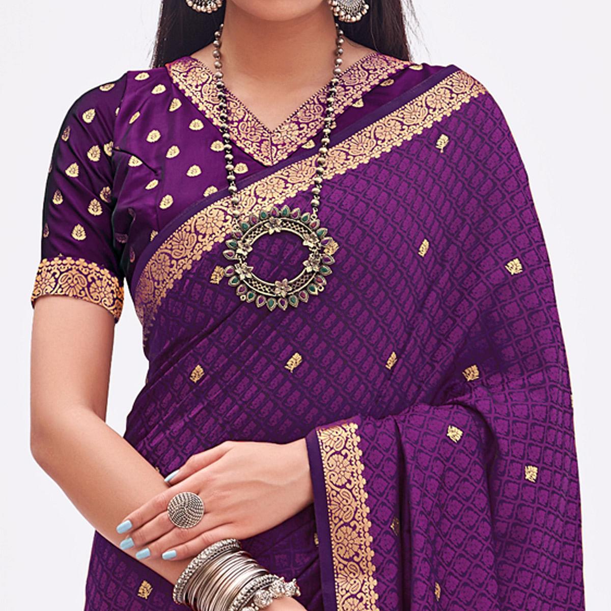 Purple Woven Banarasi Silk Saree - Peachmode