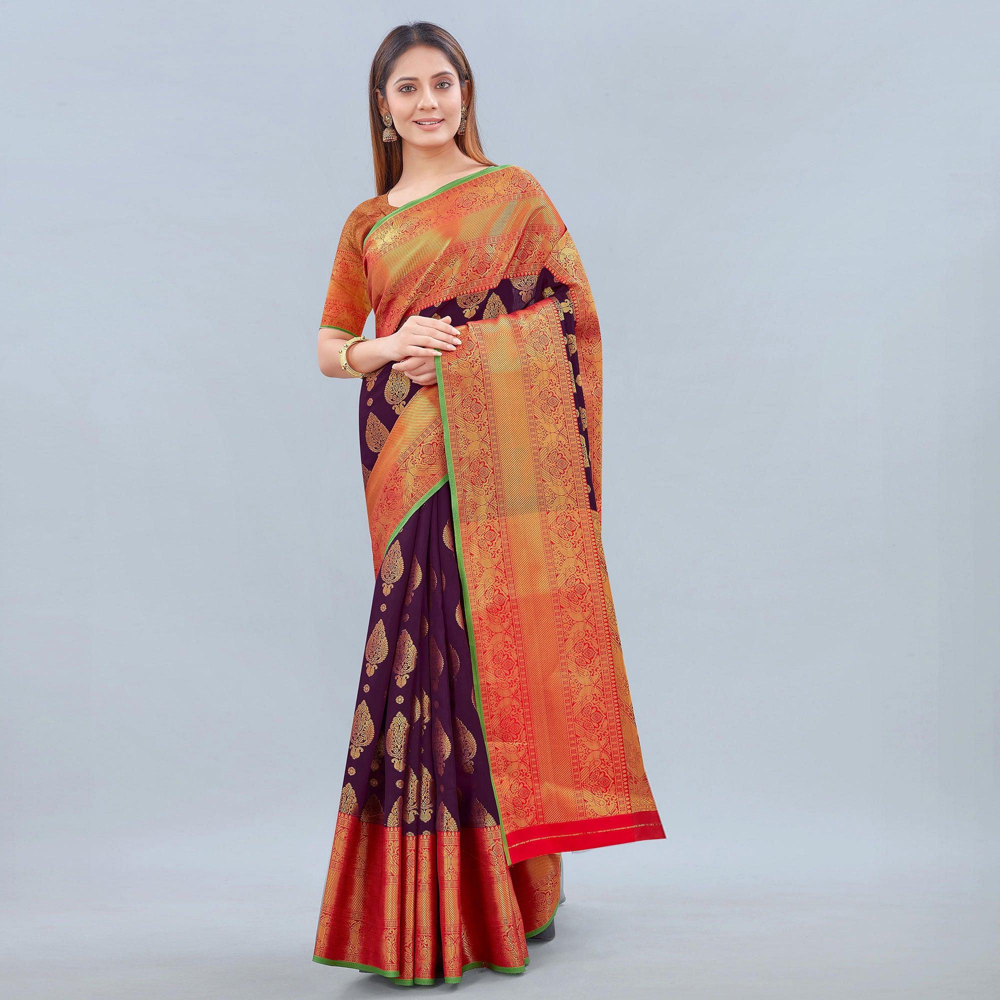 Purple Woven Banarasi Silk Saree - Peachmode