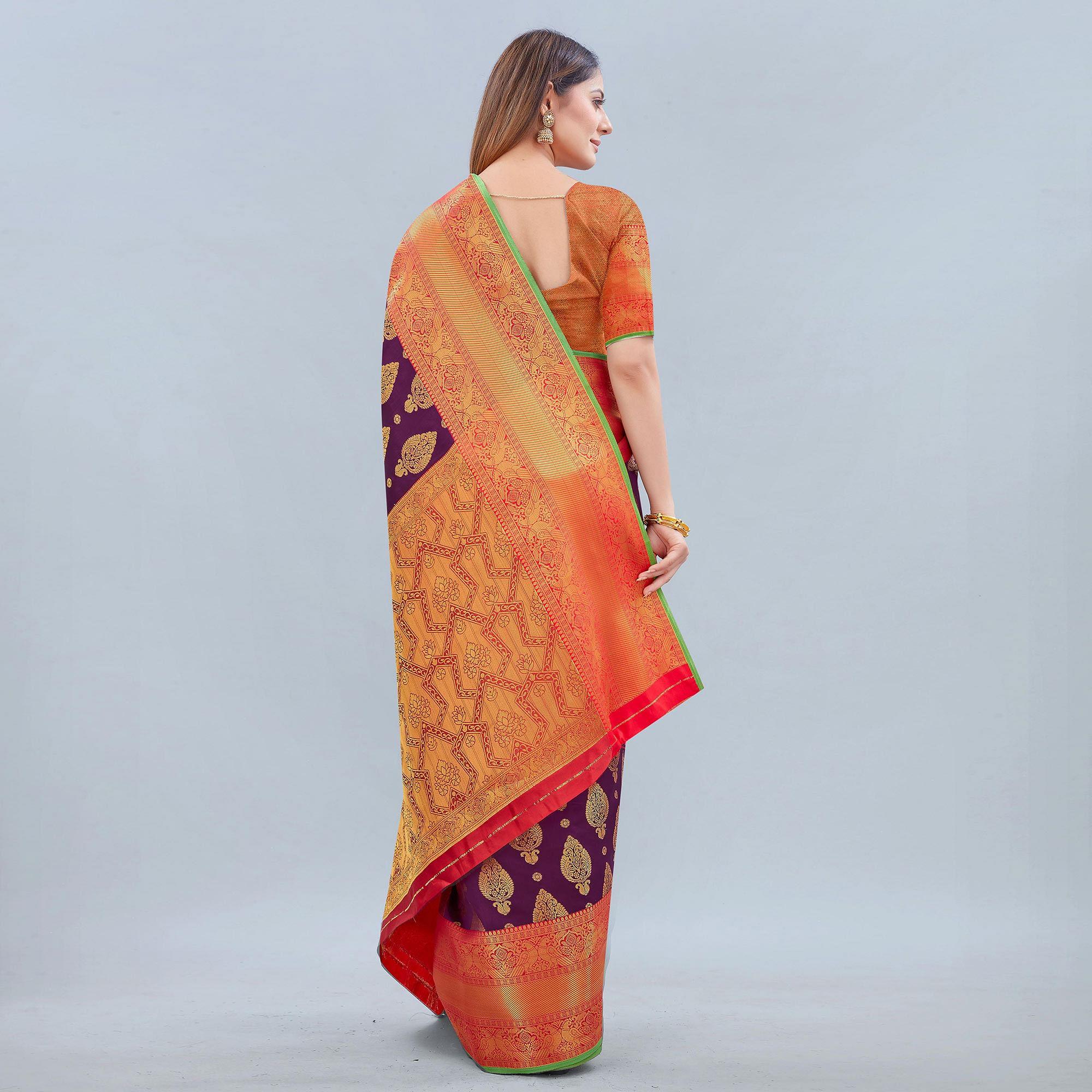 Purple Woven Banarasi Silk Saree - Peachmode