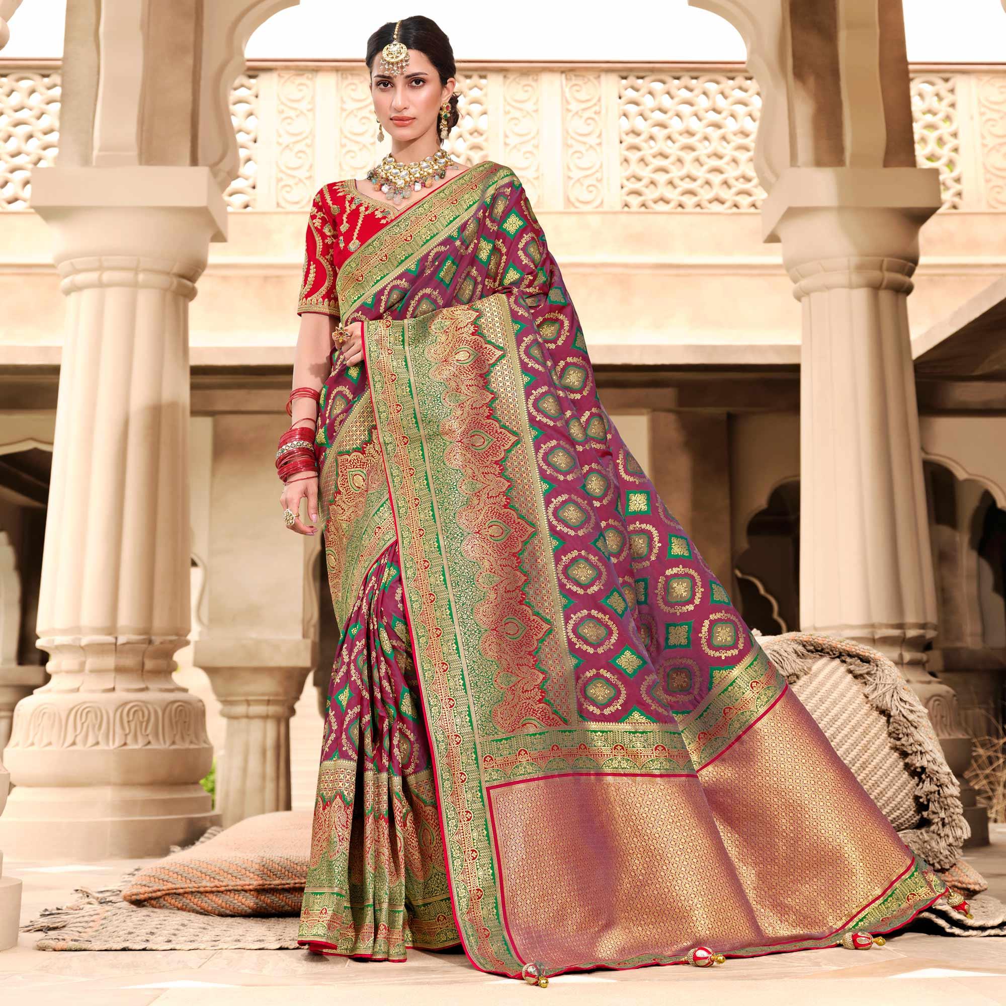 Purple Woven Banarasi Silk Saree With Tassels - Peachmode