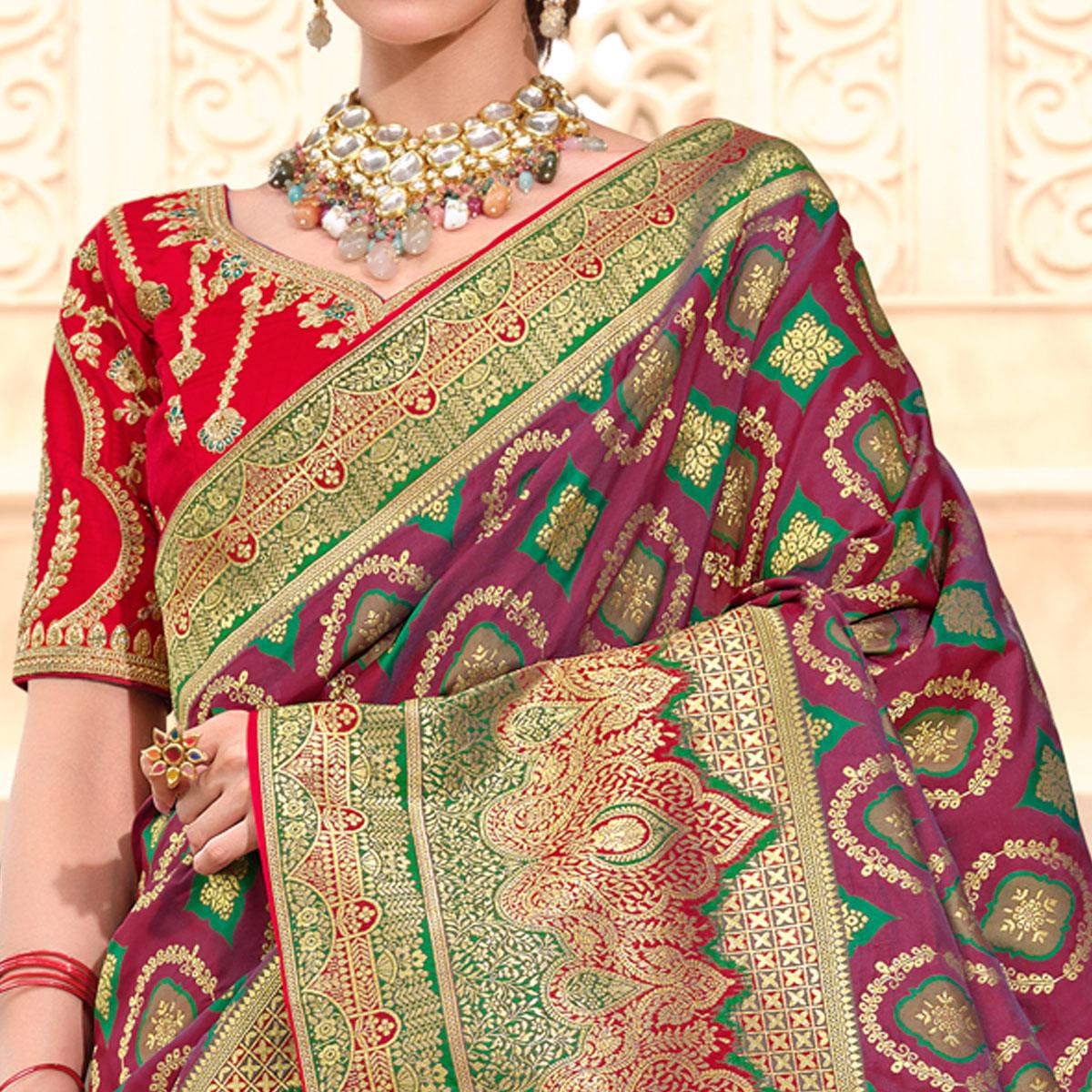 Purple Woven Banarasi Silk Saree With Tassels - Peachmode