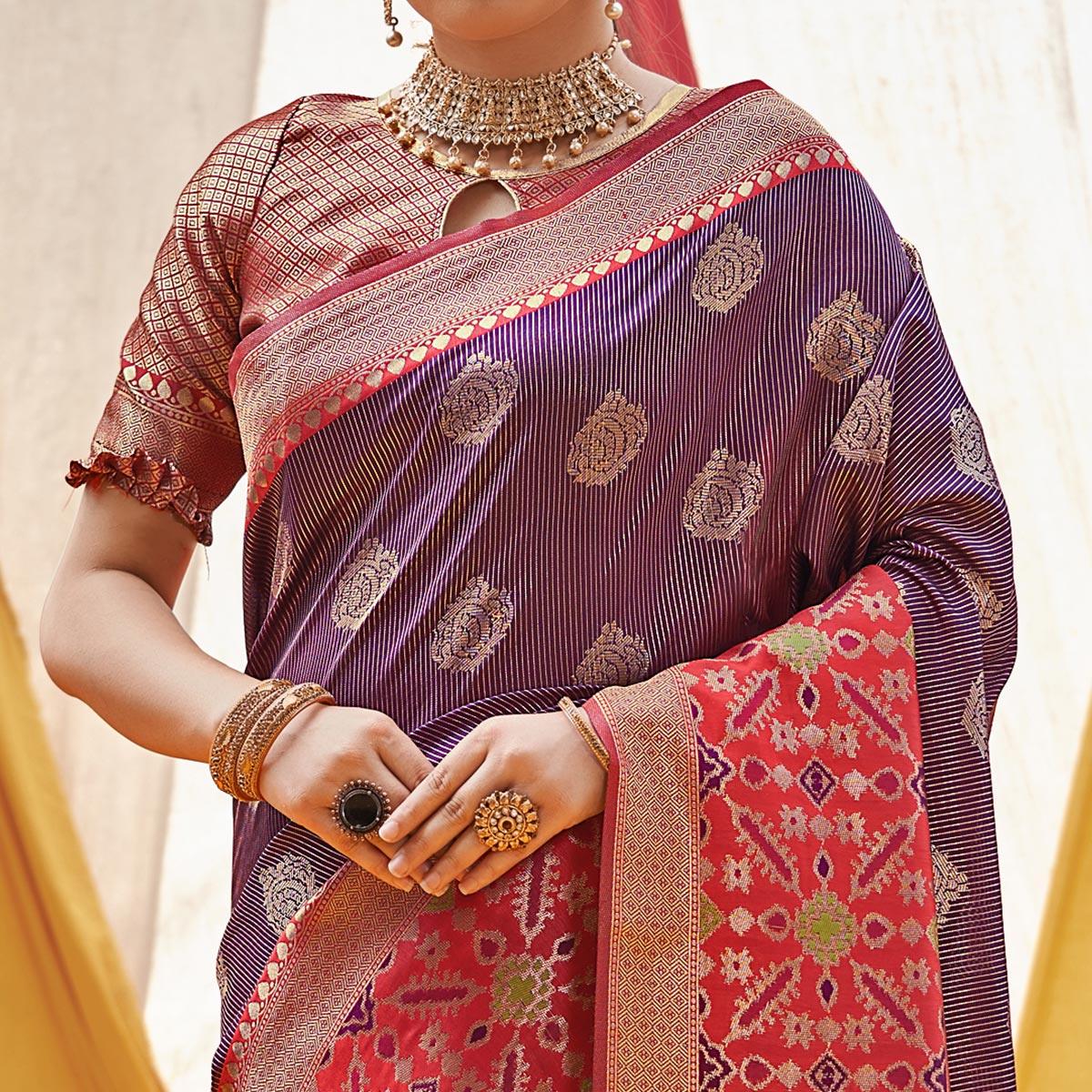 Purple Woven Banarasi Silk Saree With Tassels - Peachmode