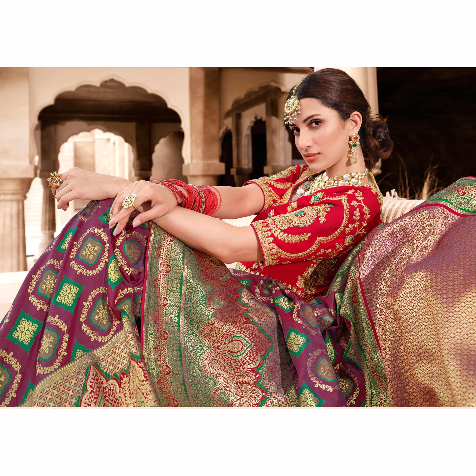 Purple Woven Banarasi Silk Saree With Tassels - Peachmode