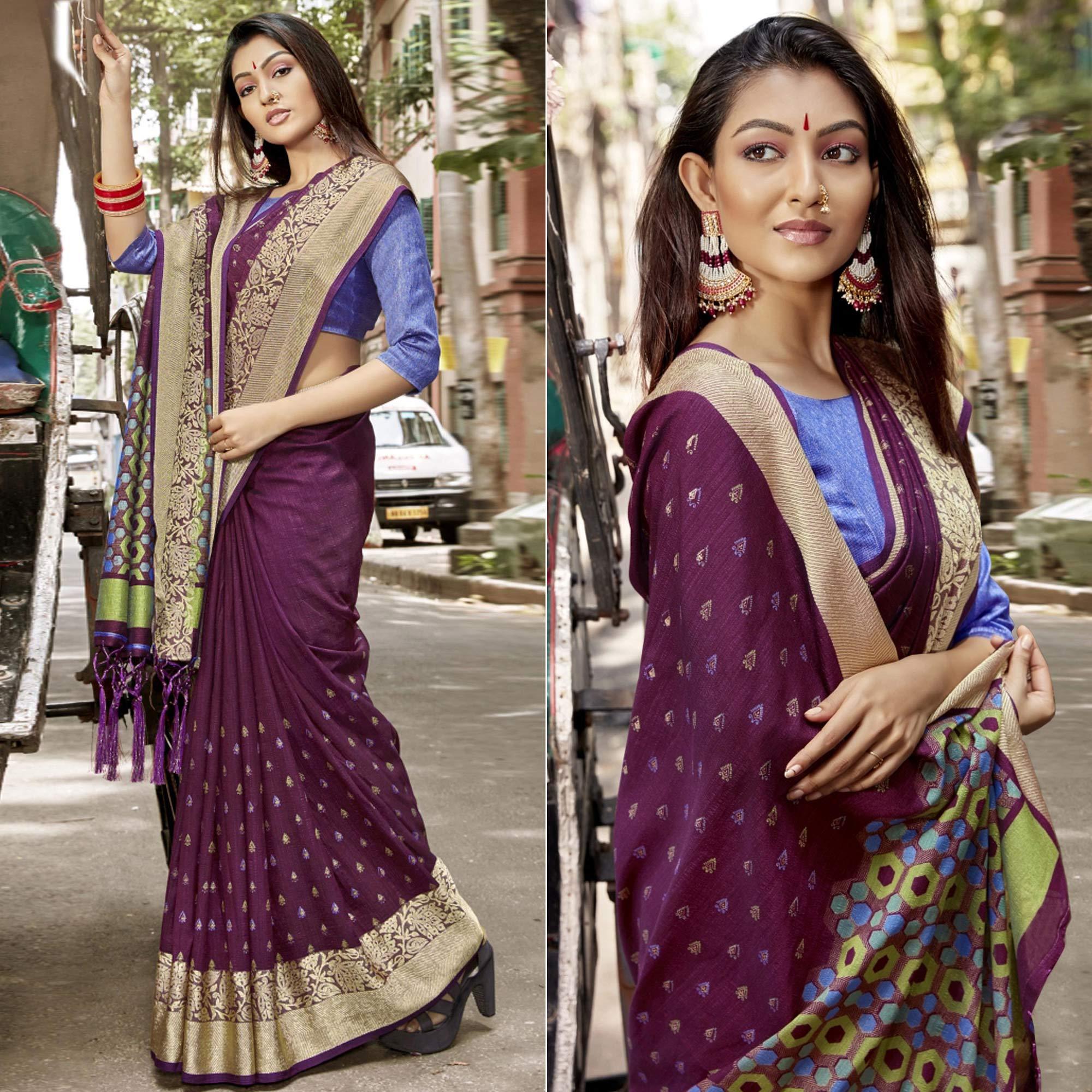 Purple Woven Chanderi Saree - Peachmode