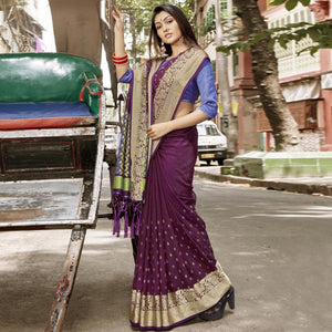 Purple Woven Chanderi Saree - Peachmode