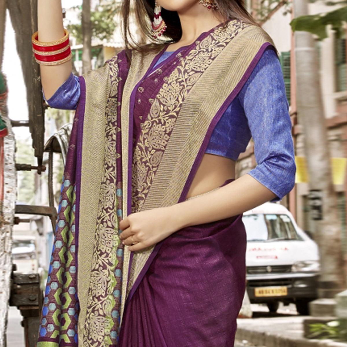 Purple Woven Chanderi Saree - Peachmode