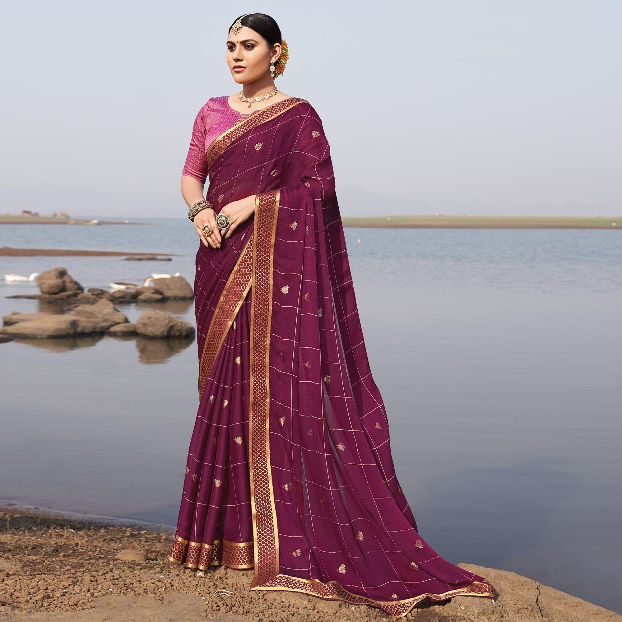 Purple Woven Chiffon Saree - Peachmode