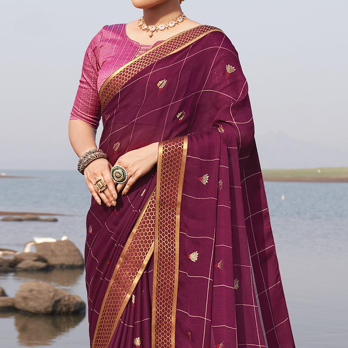 Purple Woven Chiffon Saree - Peachmode