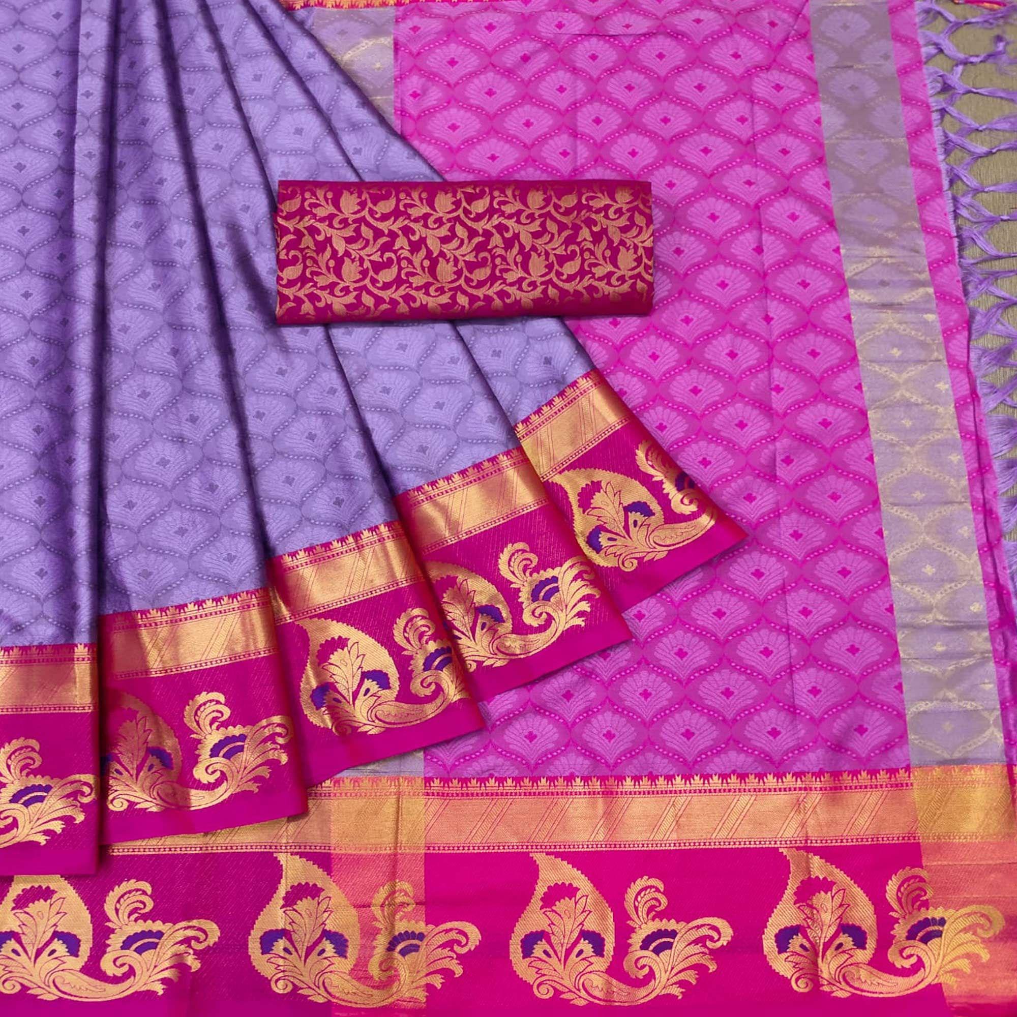 Purple Woven Cotton Silk Saree With Tassels - Peachmode