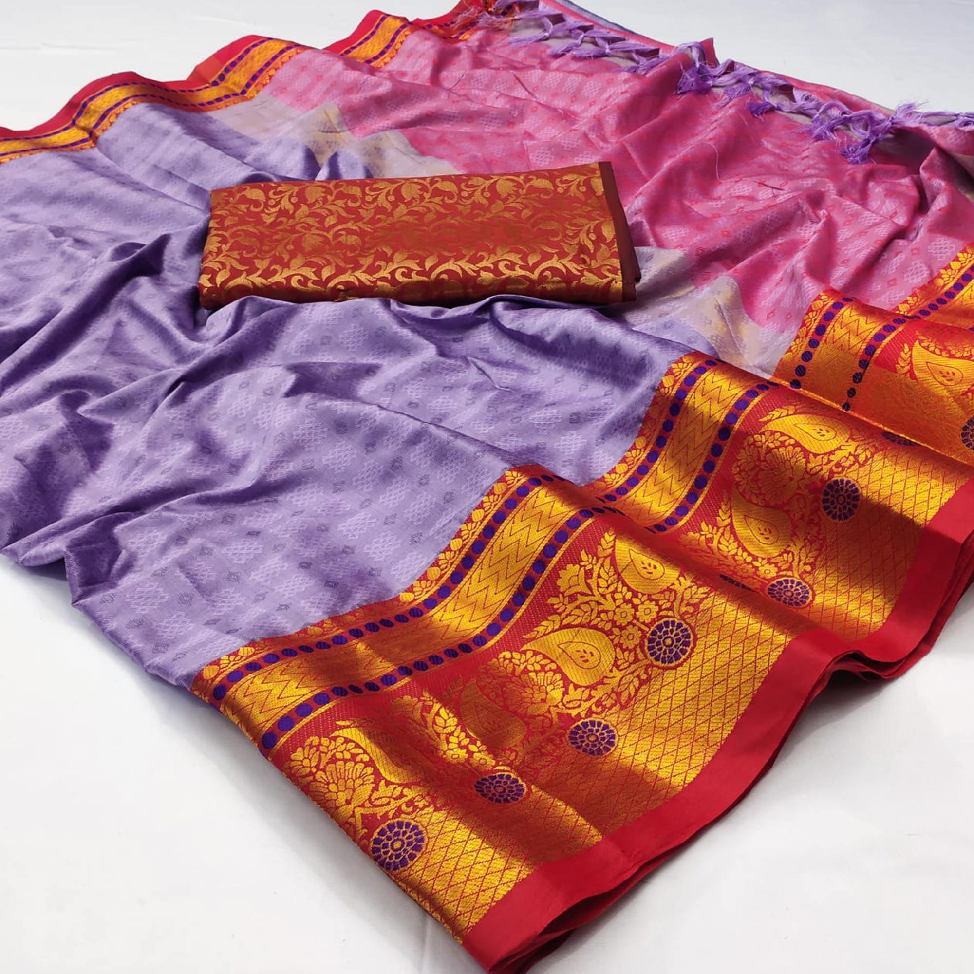 Purple Woven Cotton Silk Saree With Tassels - Peachmode