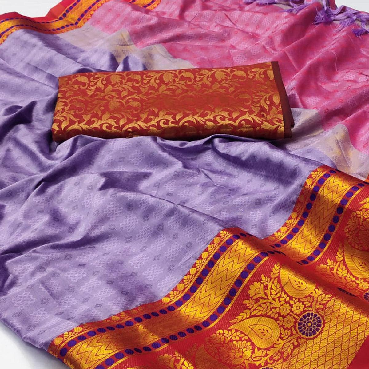 Purple Woven Cotton Silk Saree With Tassels - Peachmode