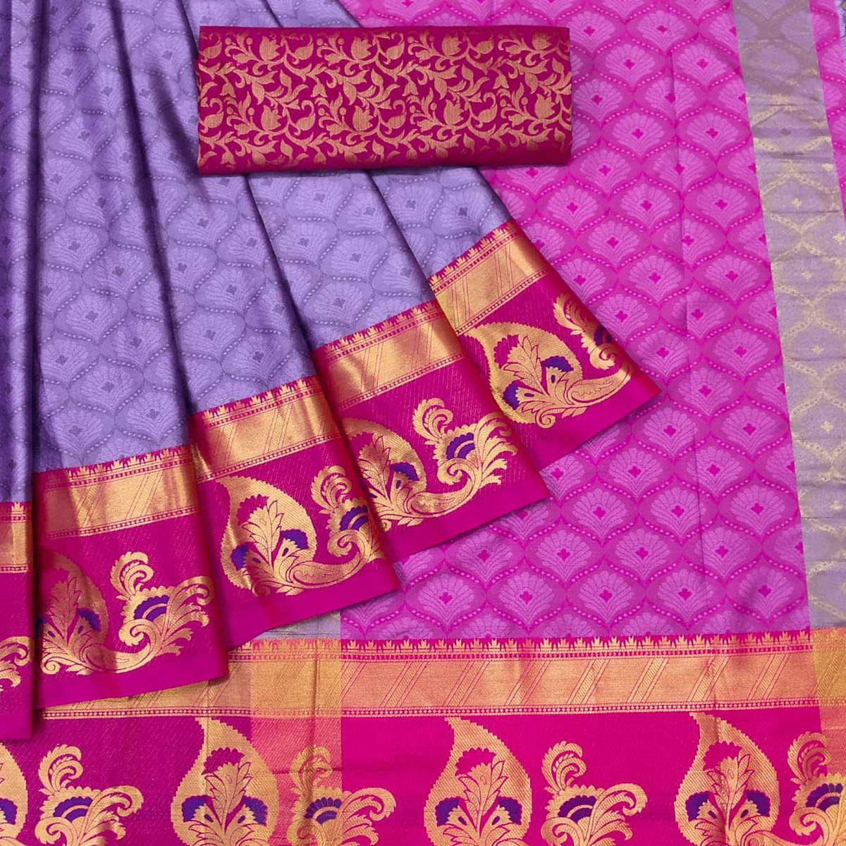 Purple Woven Cotton Silk Saree With Tassels - Peachmode