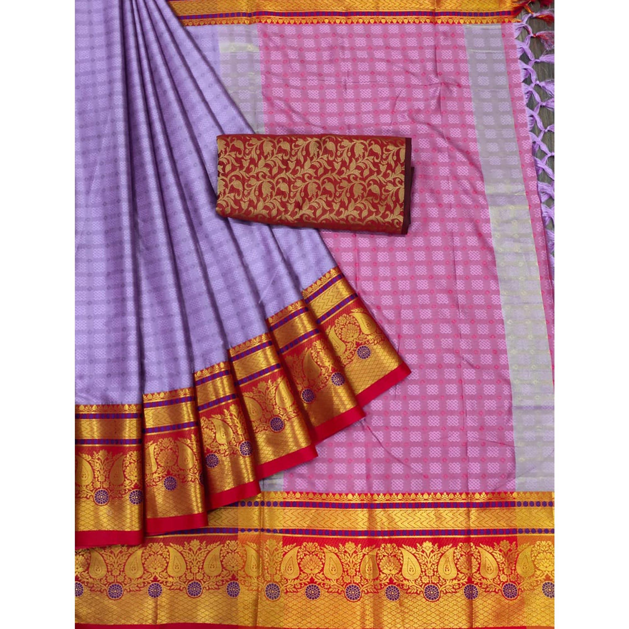 Purple Woven Cotton Silk Saree With Tassels - Peachmode