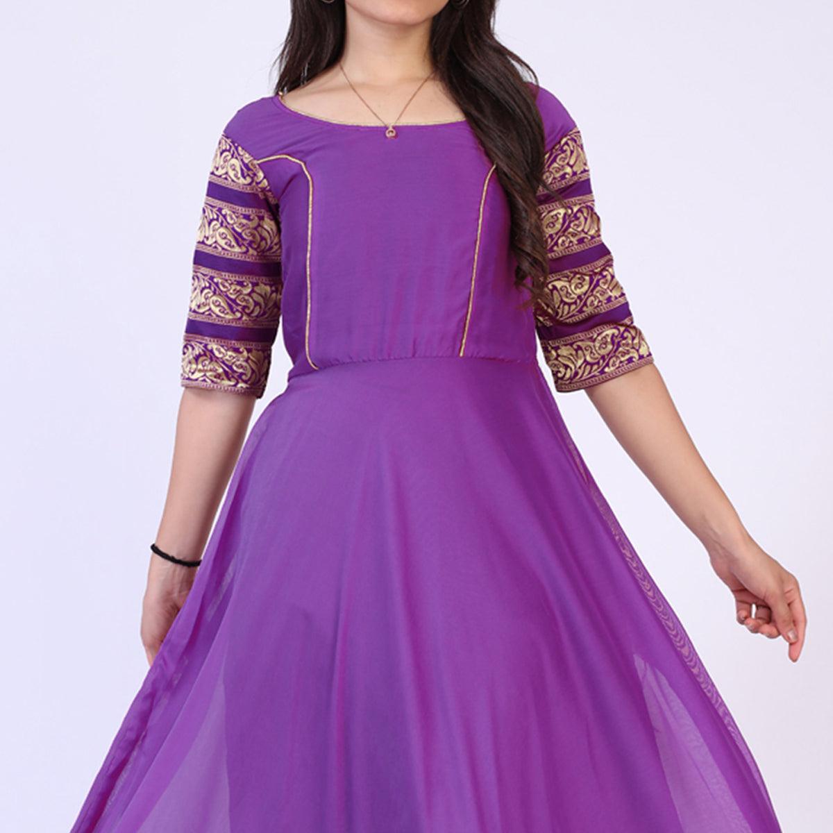 Purple Woven Georgette Gown - Peachmode