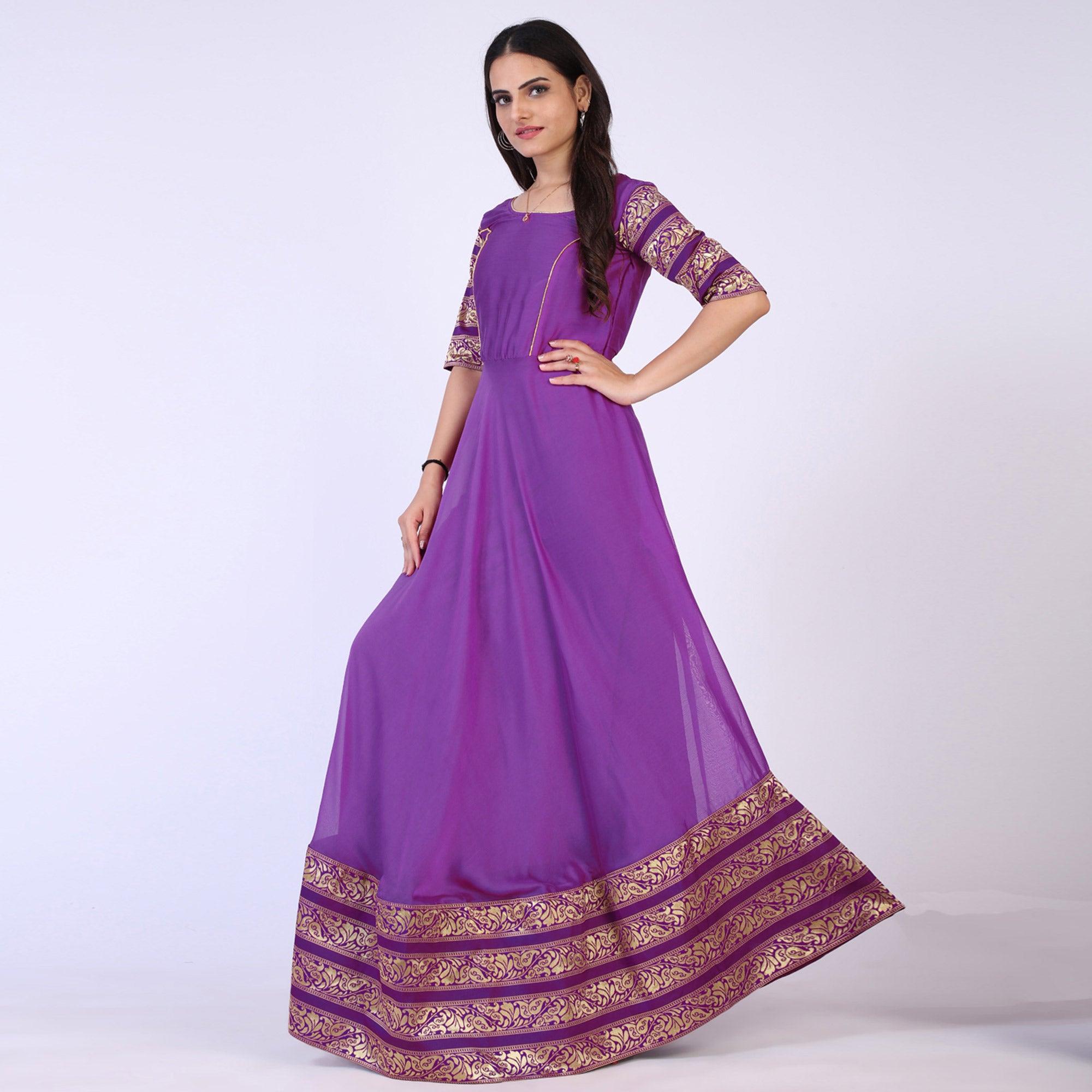 Purple Woven Georgette Gown - Peachmode