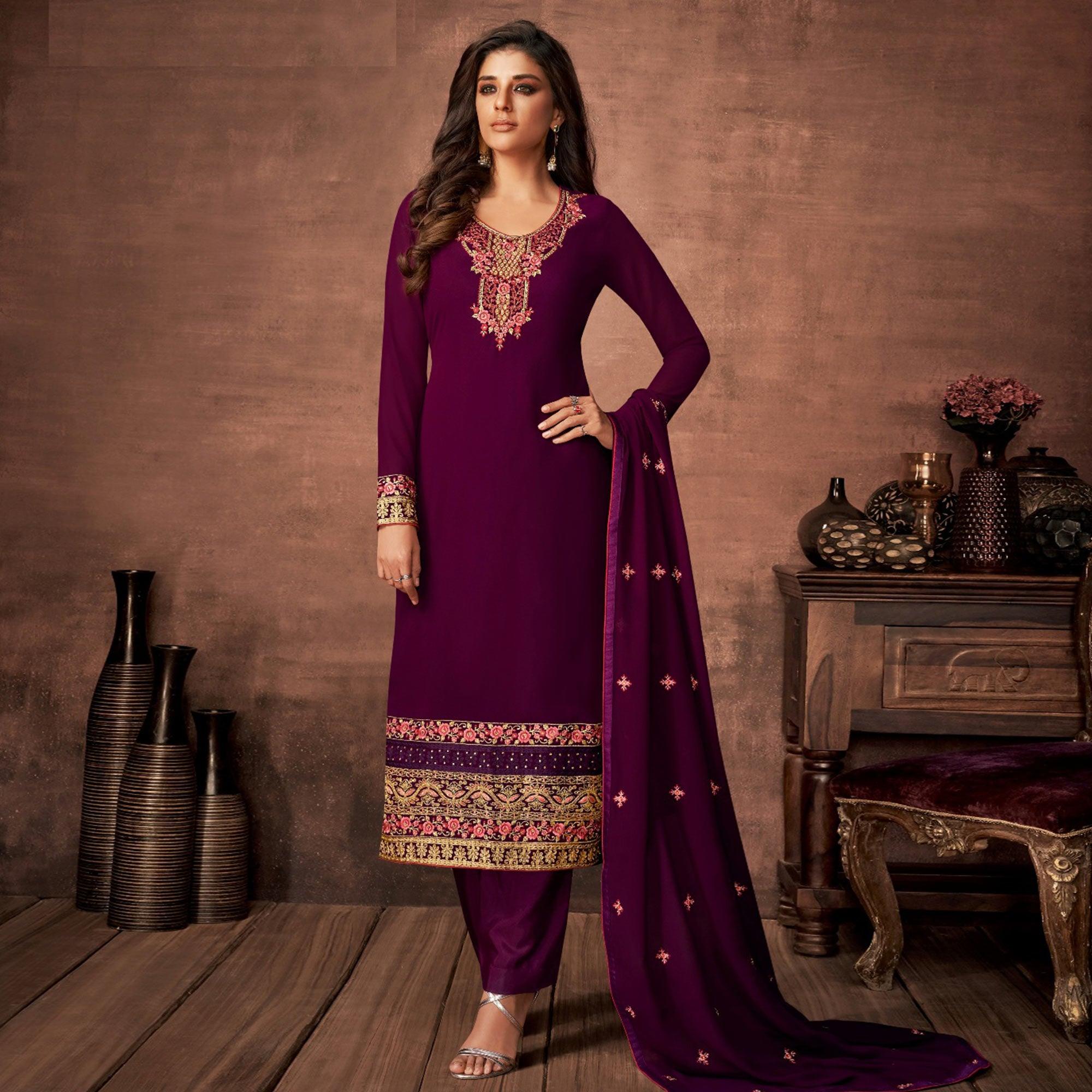 Purple Woven Georgette Straight Partywear Suit - Peachmode