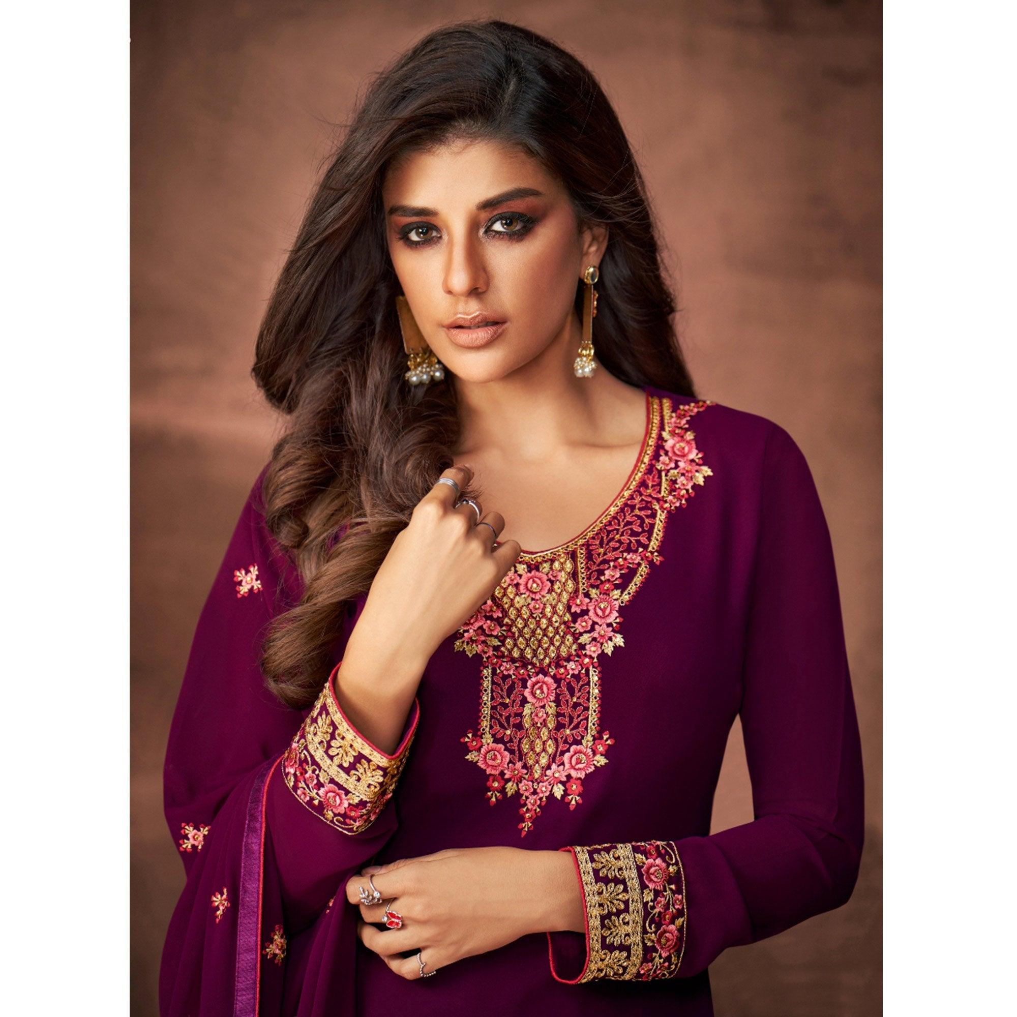 Purple Woven Georgette Straight Partywear Suit - Peachmode