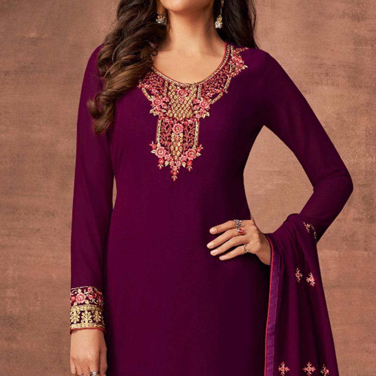 Purple Woven Georgette Straight Partywear Suit - Peachmode