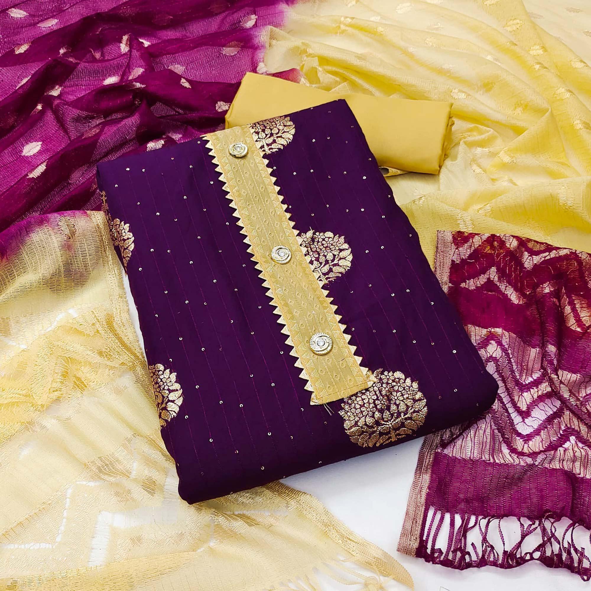 Purple Woven Jacquard Dress Material - Peachmode