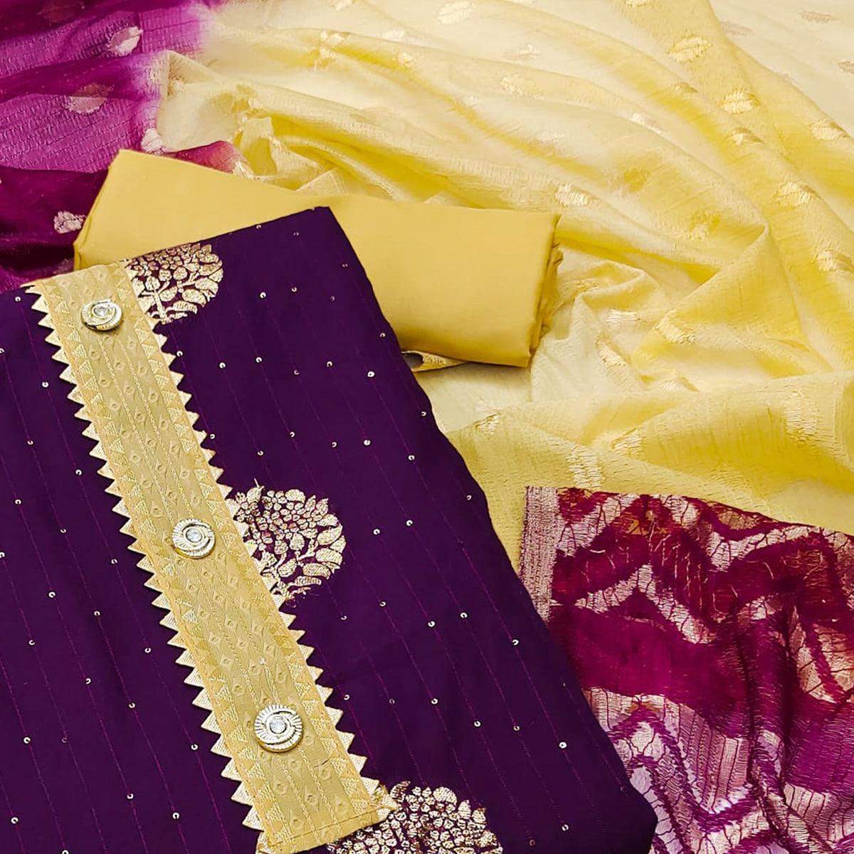 Purple Woven Jacquard Dress Material - Peachmode