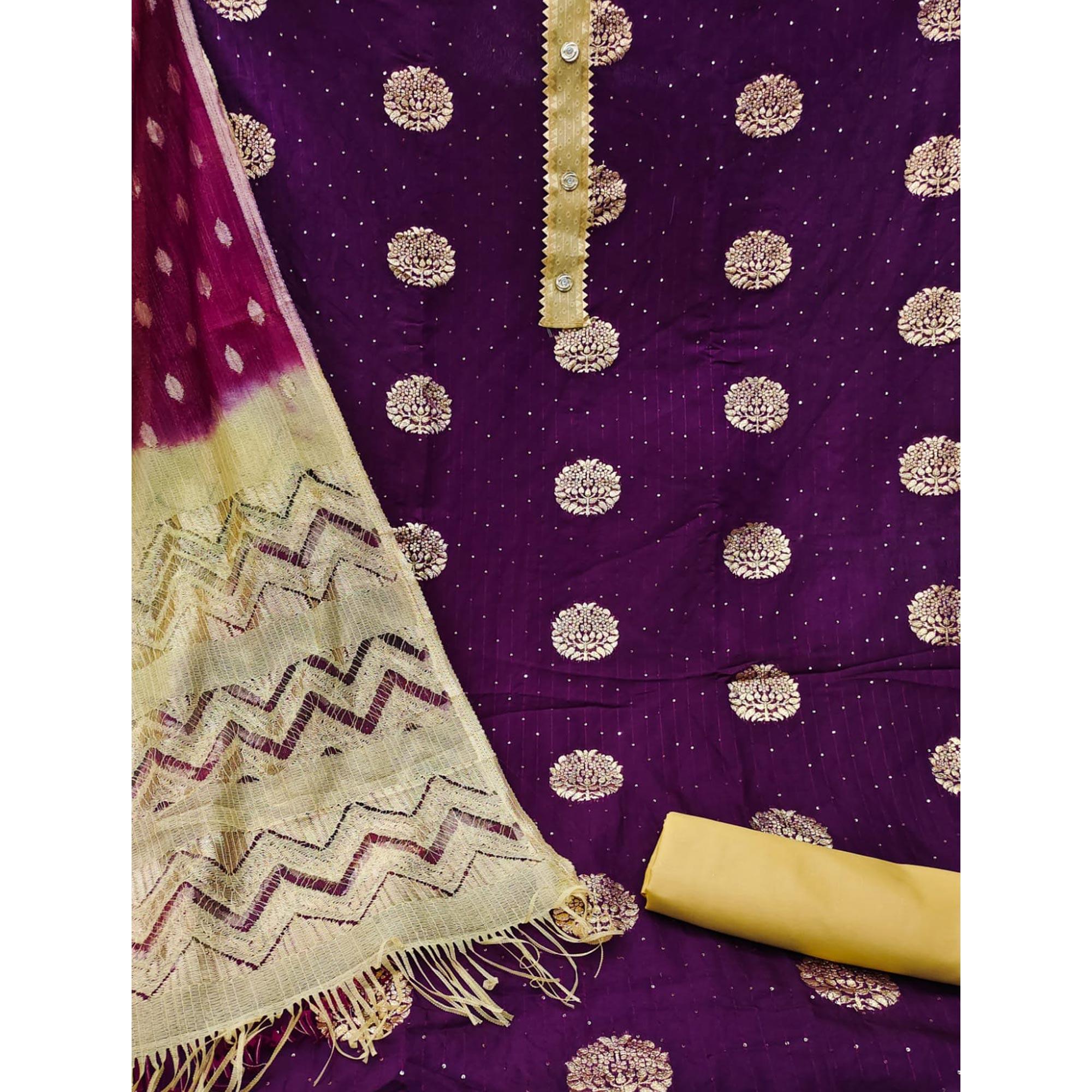 Purple Woven Jacquard Dress Material - Peachmode