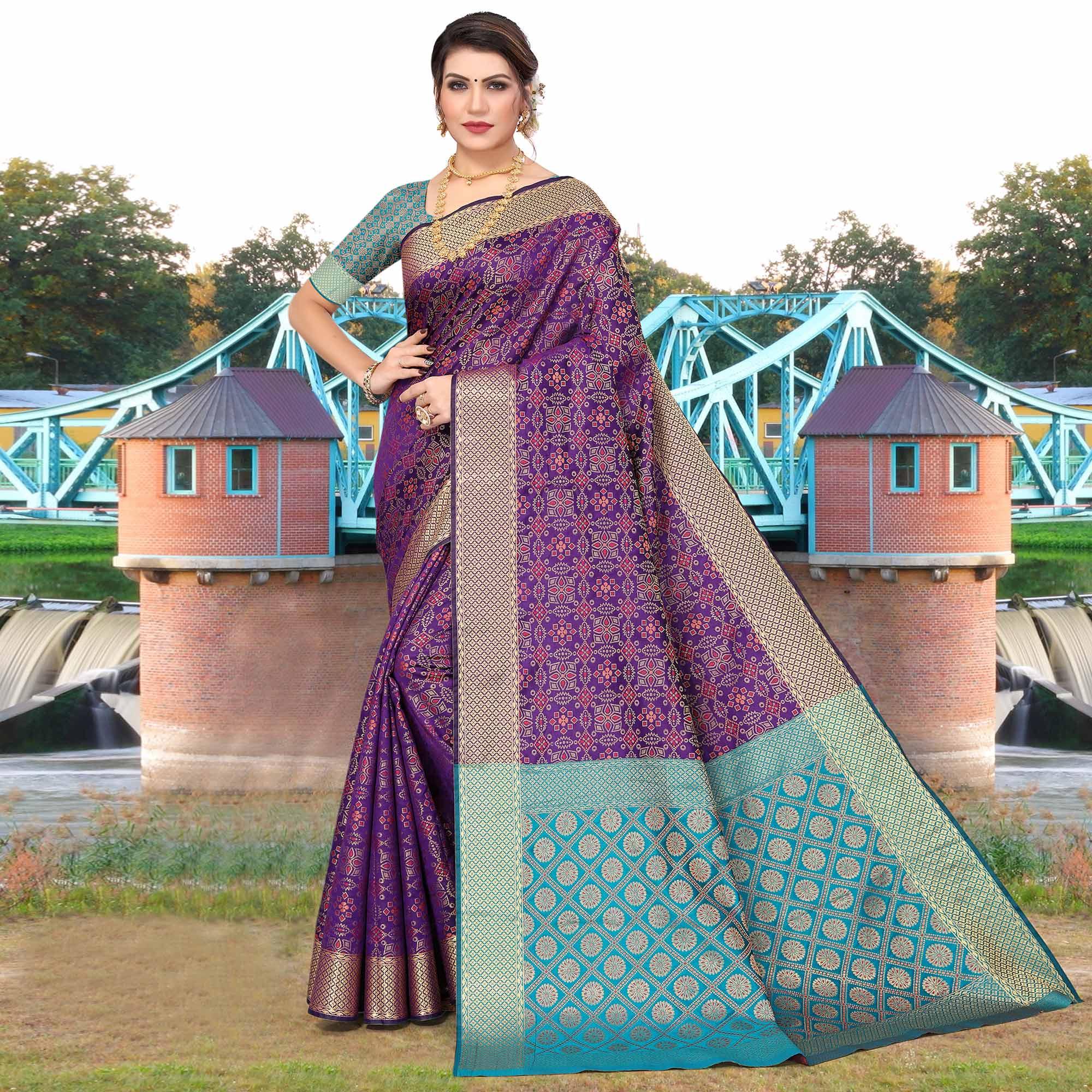 Purple Woven Jacquard Saree - Peachmode
