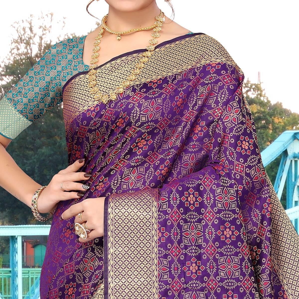 Purple Woven Jacquard Saree - Peachmode