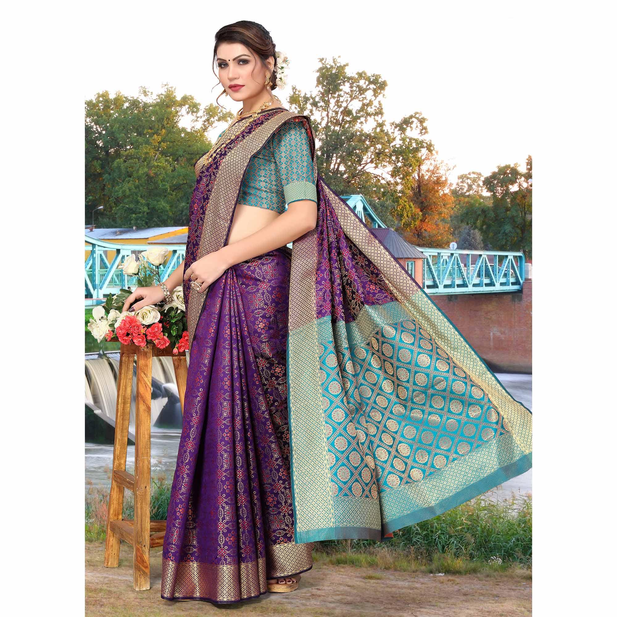 Purple Woven Jacquard Saree - Peachmode