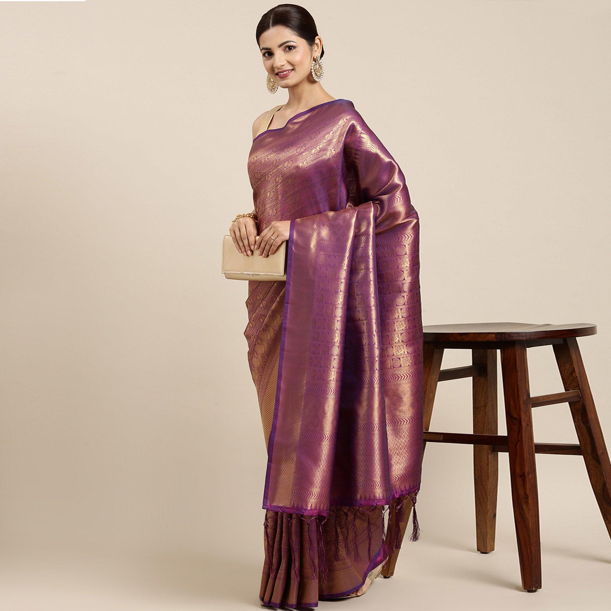 Purple Woven Kanjivaram Silk Saree With Tassels - Peachmode