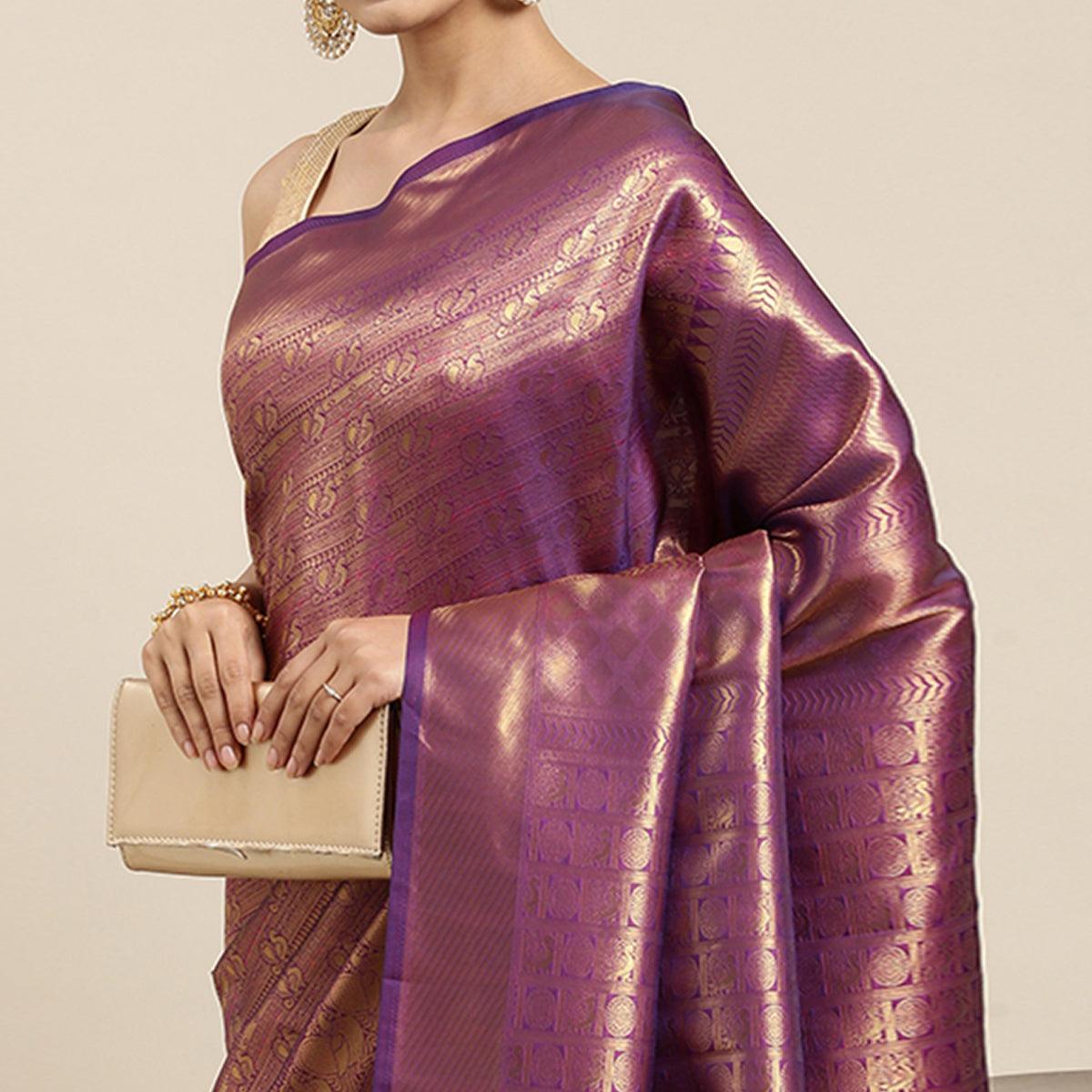 Purple Woven Kanjivaram Silk Saree With Tassels - Peachmode