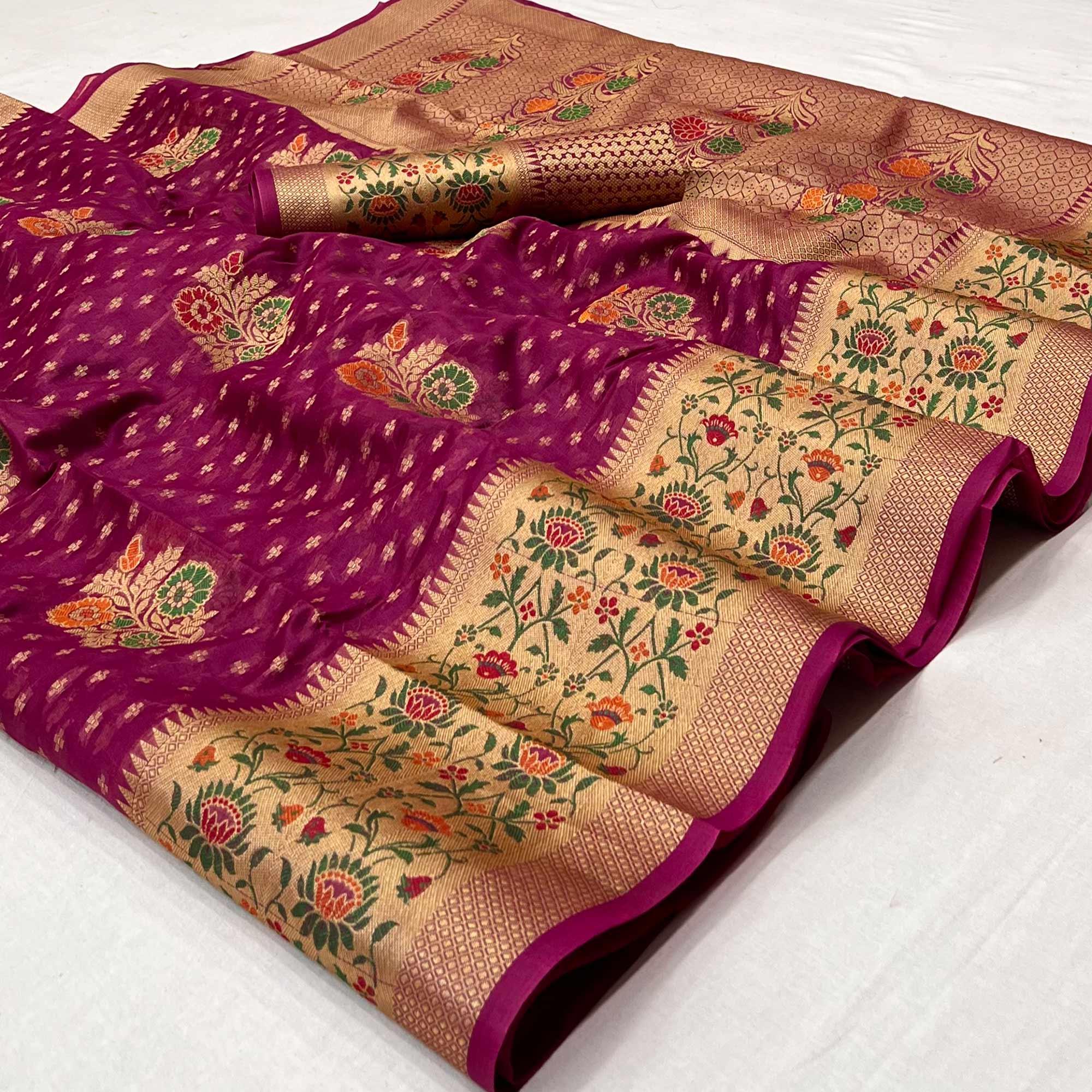 Purple Woven Organza Saree - Peachmode