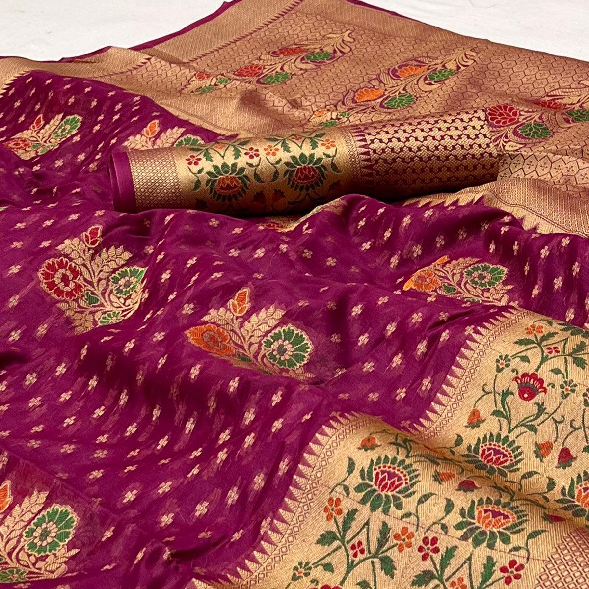 Purple Woven Organza Saree - Peachmode