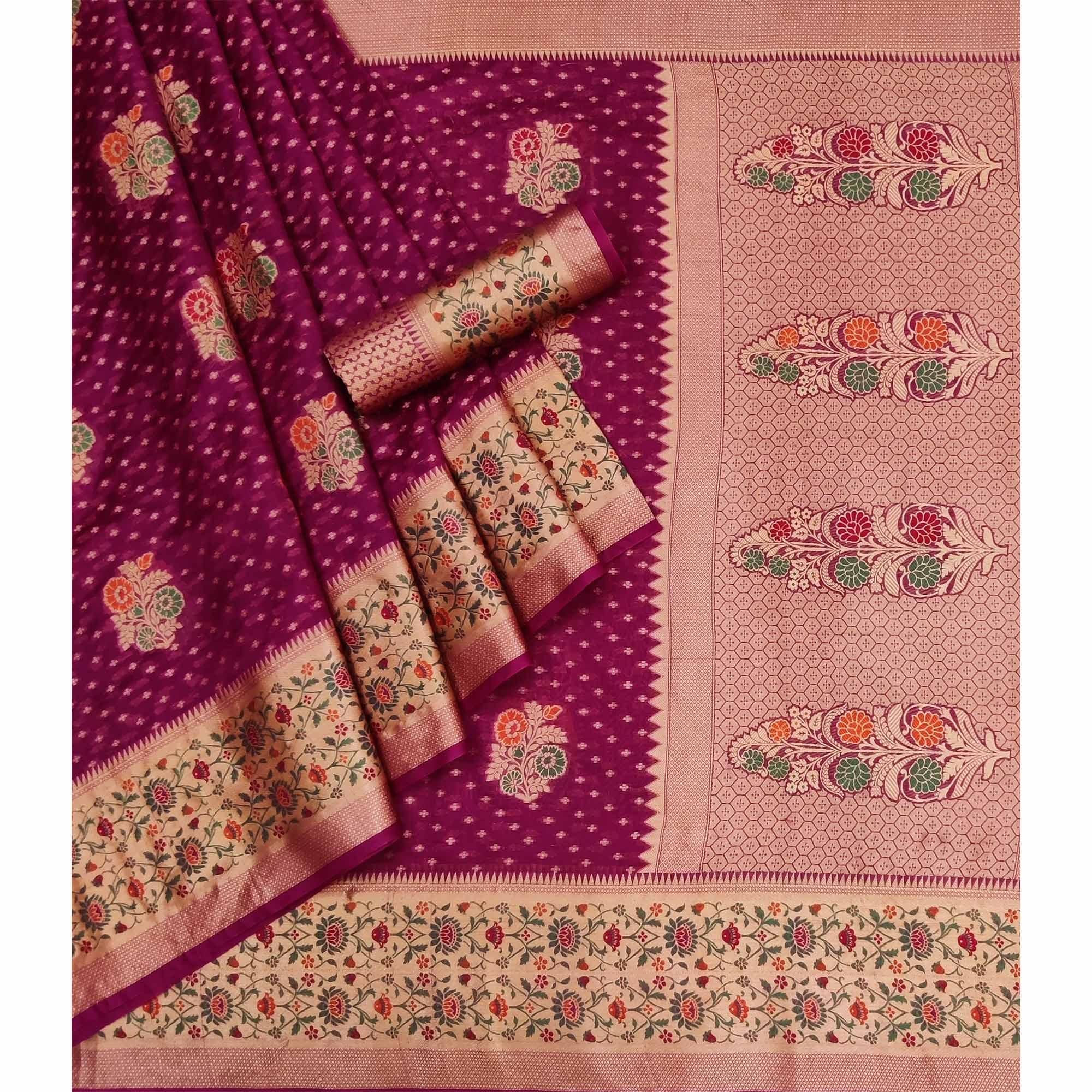 Purple Woven Organza Saree - Peachmode