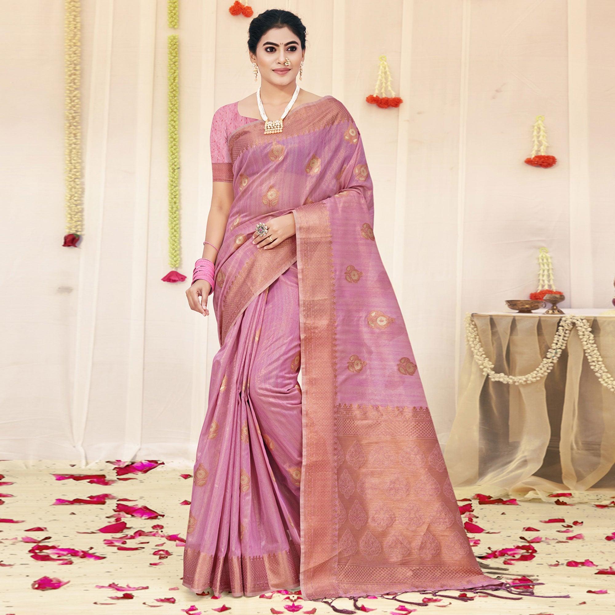 Purple Woven Organza Saree With Tassels - Peachmode