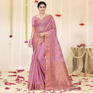 Purple Woven Organza Saree With Tassels - Peachmode
